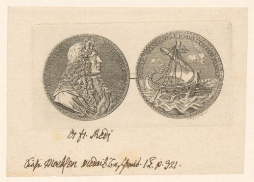 Portrait of Francesco Redi and a depiction of a ship at sea