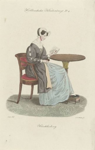 Reading woman in a house dress