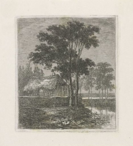 Farmhouse and trees by the water