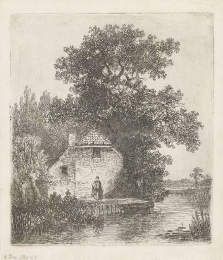 Woman in front of a farmhouse by the water