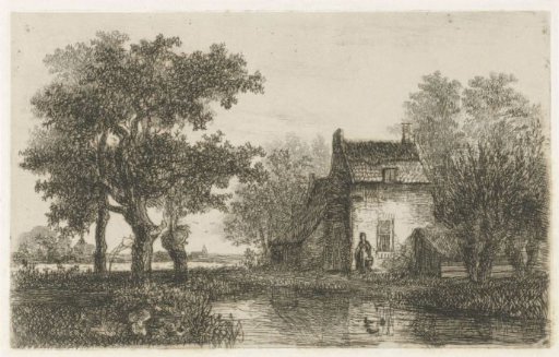 Woman with a basket in front of a farmhouse by the water