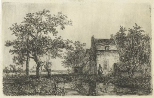 Woman with a basket in front of a farmhouse by the water
