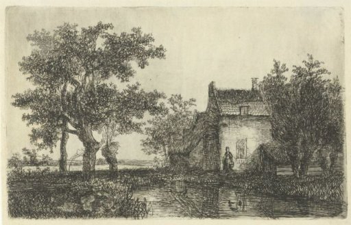 Woman with a basket in front of a farmhouse by the water