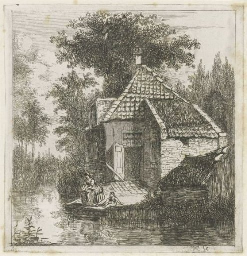 Woman with a washbasket and a child