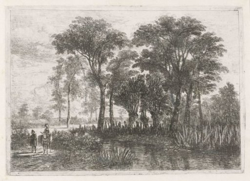 Wooded Landscape with a Woman on a Donkey and a Pedestrian by a Pond