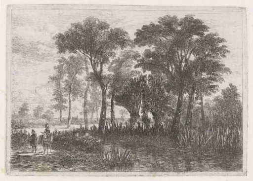 Wooded Landscape with a Woman on a Donkey and a Pedestrian by a Pond