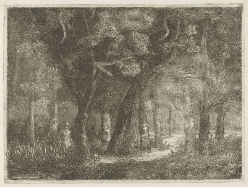 Hunter and His Dog in the Woods
