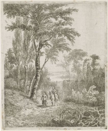 Horseman and woman on a forest path