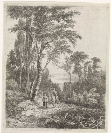Horseman and woman on a forest path
