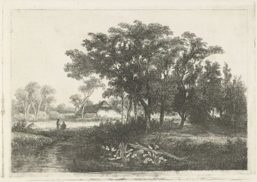 Two figures by a narrow river