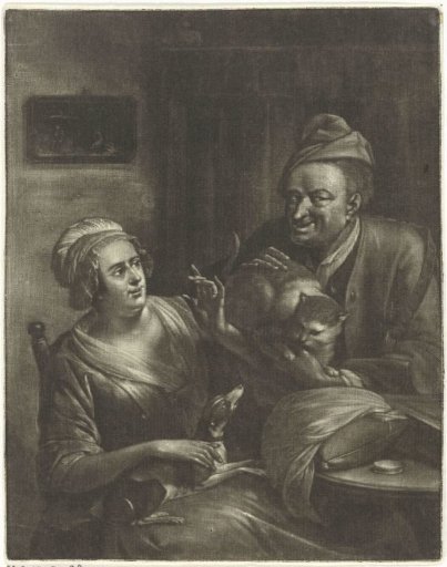 Two figures with a dog and a cat