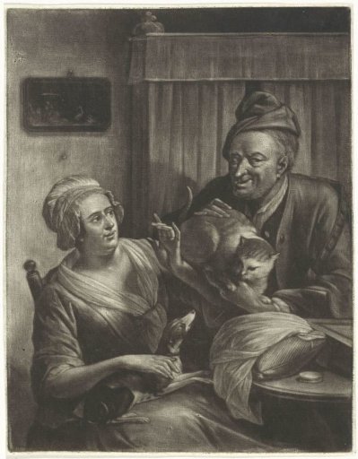Two figures with a dog and a cat