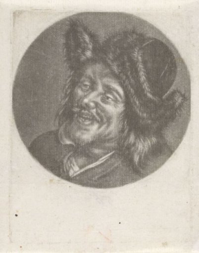 Head of a laughing man with a fur cap