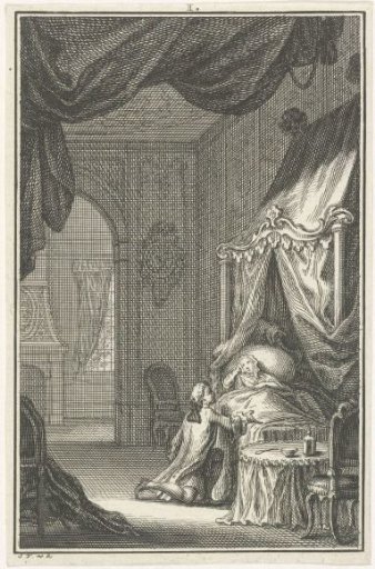 Man kneeling at the bedside of a woman