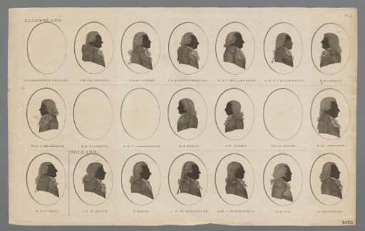Silhouette portraits of seventeen Dutch politicians from Gelderland and Holland