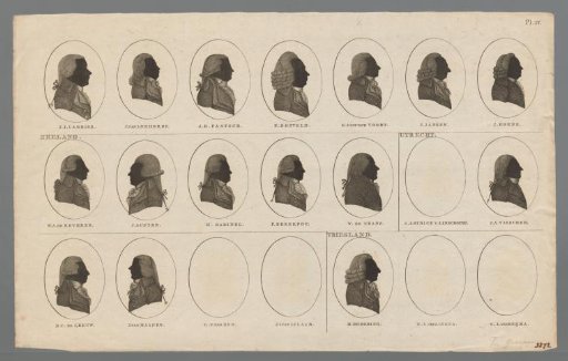 Silhouette portraits of sixteen Dutch politicians from Holland, Utrecht and Friesland