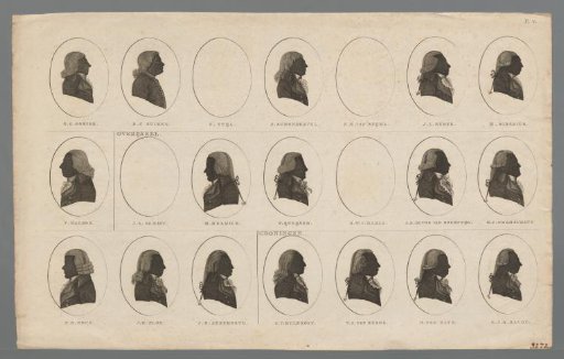 Silhouette portraits of seventeen Dutch politicians from Friesland, Overijssel and Groningen