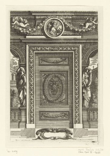 Door with a panel featuring a mask