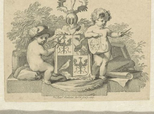Two putti, with compass and staff of Asclepius, with the Schoemaker family coat of arms