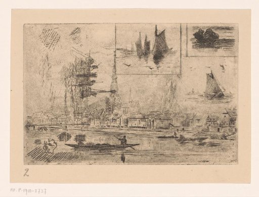 View of Dinant and seascapes with sailing ships