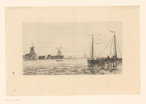 View of Zaandam with boats and mills