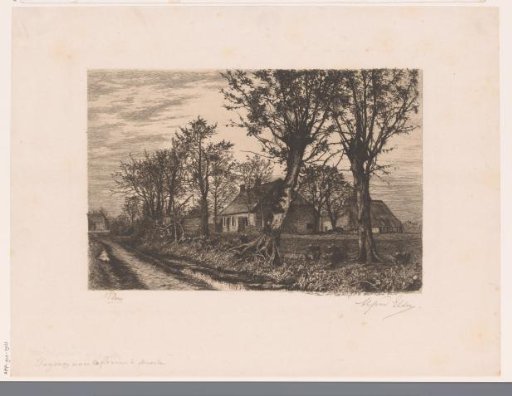 Peasants' dwellings by a country road with a ditch and trees