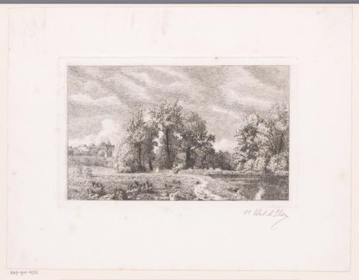 Landscape with a pond and a village in the background