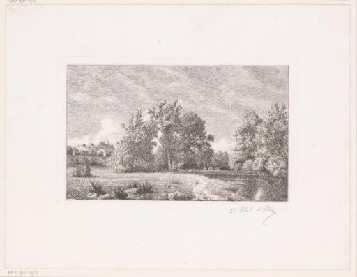 Landscape with a pond and a village in the background