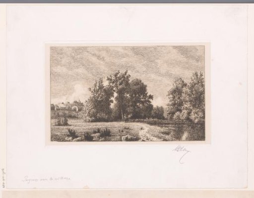Landscape with a pond and a village in the background