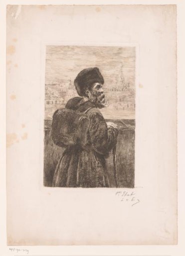 Russian man with walking stick and Moscow in the background