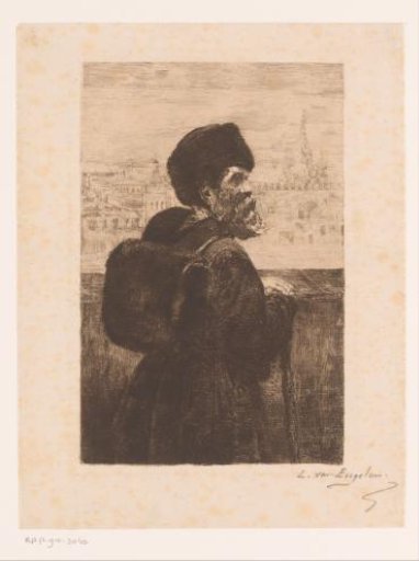 Russian man with walking stick and Moscow in the background