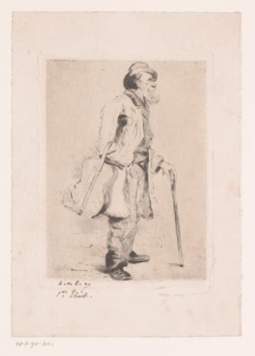 Old man with walking stick and a guitar under his arm
