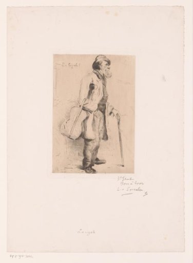 Old man with walking stick and a guitar under his arm