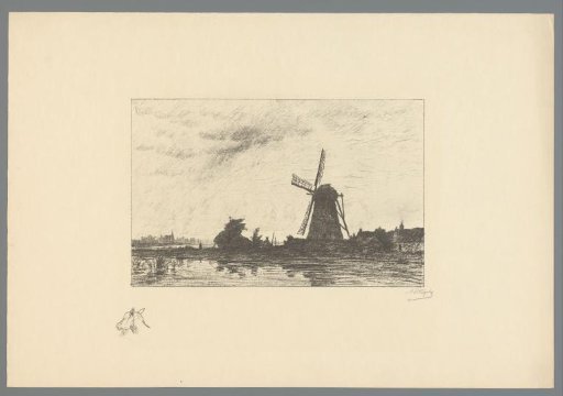 Mill and low dwellings by a pond