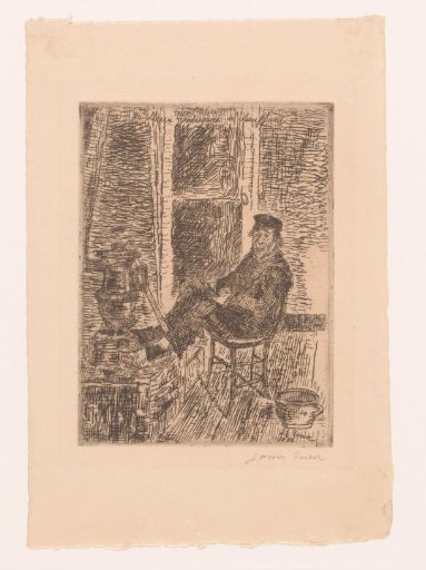 Man seated before a stove