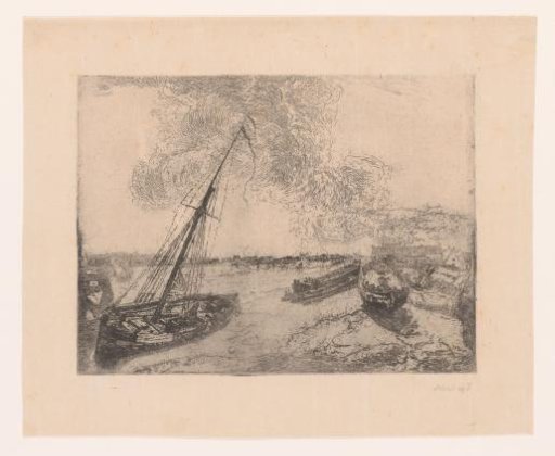 Ships on the bank along a river