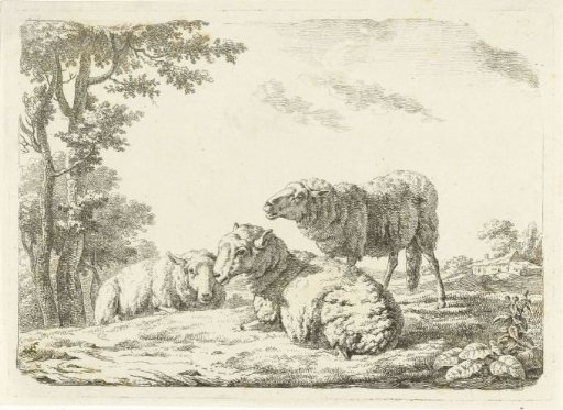 Landscape with two lying and one standing sheep