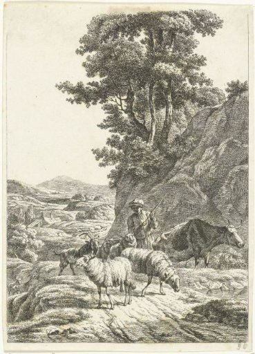 Shepherd with flock on mountain path