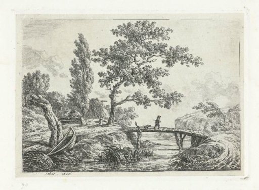 Landscape with man and dog on a bridge