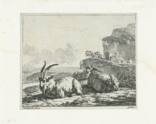Landscape with a billy goat and two sheep