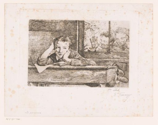 Three Children Looking Through a Window at a Boy Hanging Over a School Desk