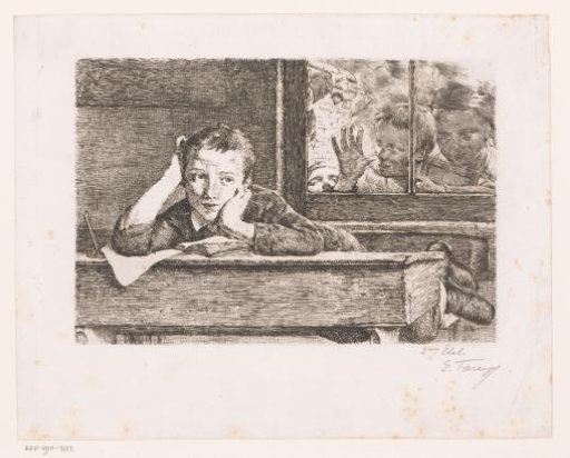 Three Children Looking Through a Window at a Boy Hanging Over a School Desk