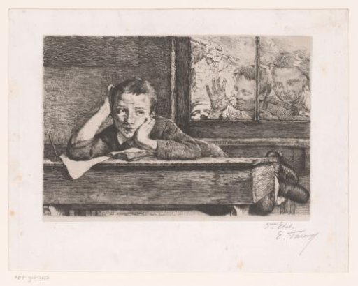 Three Children Looking Through a Window at a Boy Hanging Over a School Desk
