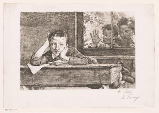 Three Children Looking Through a Window at a Boy Hanging Over a School Desk