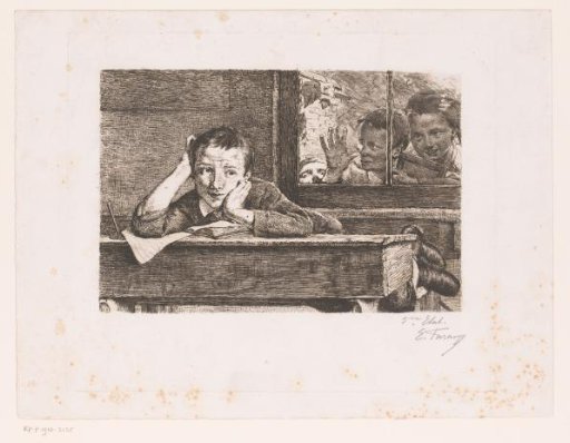 Three Children Looking Through a Window at a Boy Hanging Over a School Desk