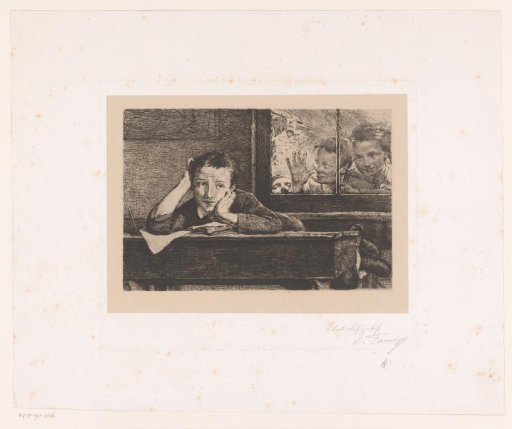 Three Children Looking Through a Window at a Boy Hanging Over a School Desk