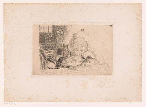 Girl at a table with a plate of food and a magpie