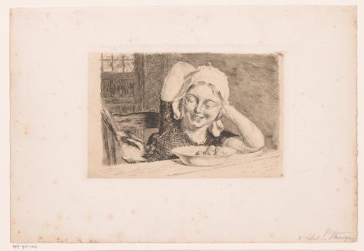 Girl at a table with a plate of food and a magpie