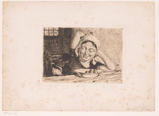 Girl at a table with a plate of food and a magpie