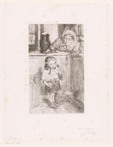 Child with a basket at a counter with a woman behind it